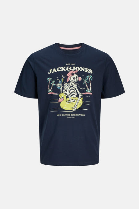 Blauw T-shirt met korte mouwen van ORIGINALS BY JACK & JONES, met een grafische print van een skelet in een gele zwemband.

