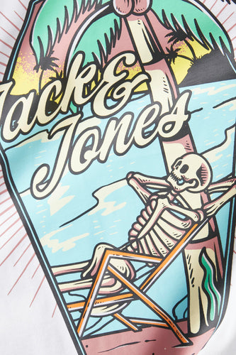 Wit T-shirt met korte mouwen van ORIGINALS BY JACK & JONES, met een grafische print van een skelet op een strand.