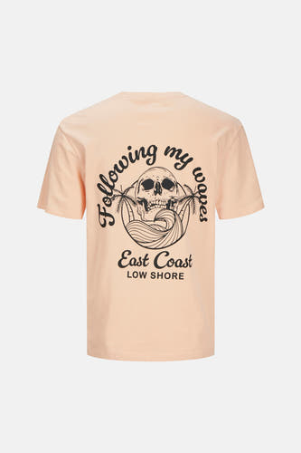 Oranje T-shirt met korte mouwen van ORIGINALS BY JACK & JONES, met een opdruk van een schedel en golven op de rug.