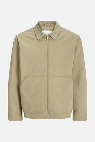 Manteau court beige d'ORIGINALS BY JACK & JONES avec une fermeture éclair argentée et des poches.