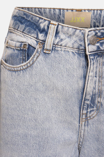 Lichtblauwe denim jeans wide van JJXX, met stonewash patroon en koperkleurige stiksels.
