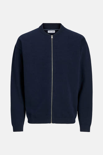 Donkerblauw vest van ORIGINALS by JACK & JONES, met lange mouwen en een zilverkleurige ritssluiting.