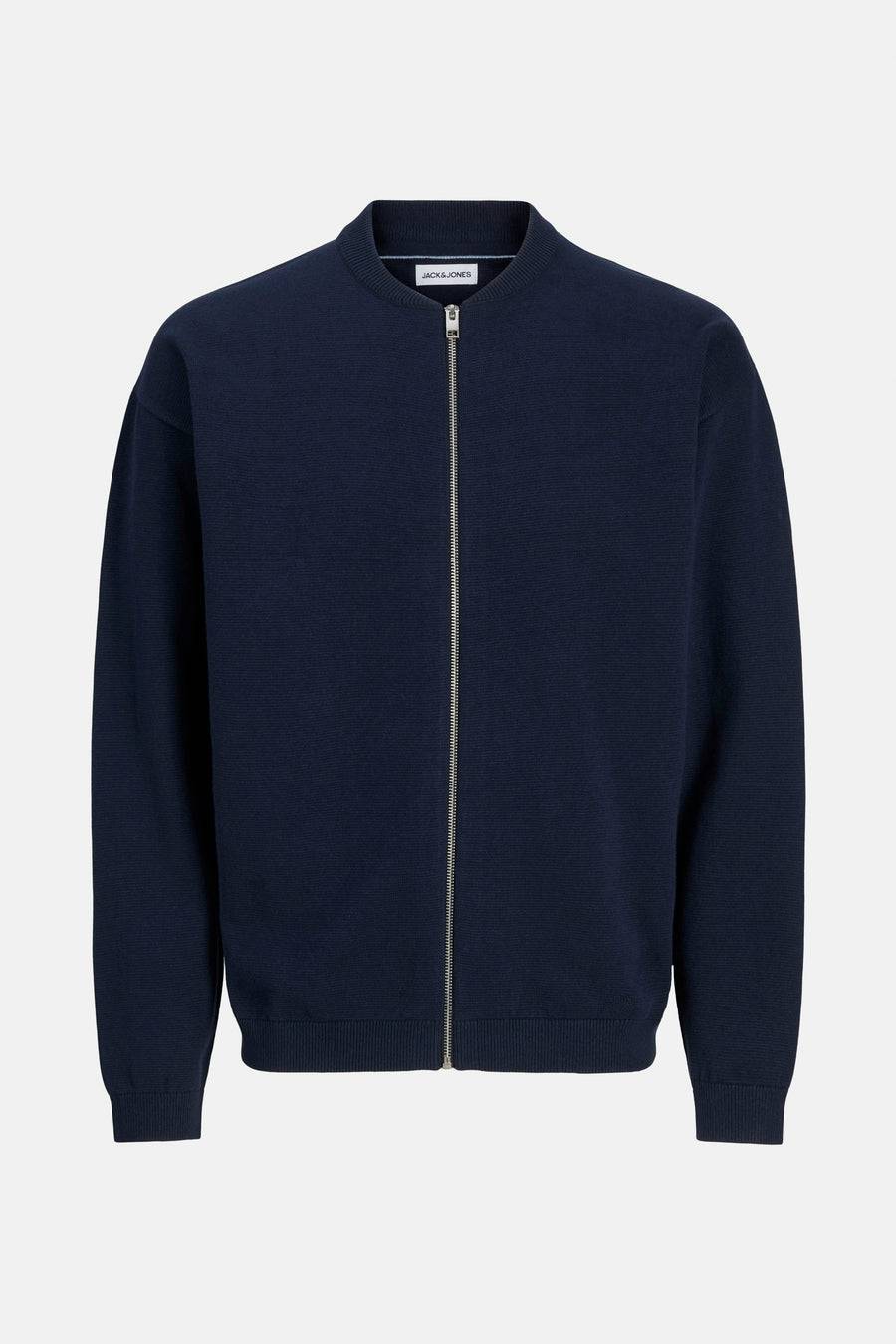 Donkerblauw vest van ORIGINALS by JACK & JONES, met lange mouwen en een zilverkleurige ritssluiting.