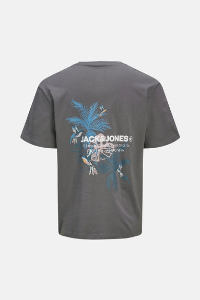 Grijs T-shirt met korte mouwen van ORIGINALS BY JACK & JONES, met print van palmbomen en vogels op de rug.