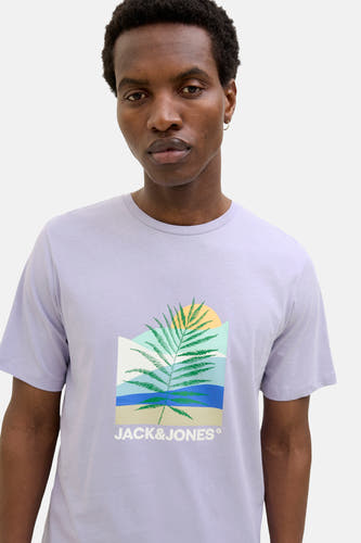 Paars T-shirt met korte mouwen van ORIGINALS BY JACK & JONES, met een print van een palmboomblad.