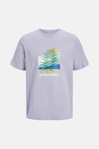 Paars T-shirt met korte mouwen van ORIGINALS BY JACK & JONES, met grafische palmboom print op de voorkant.
