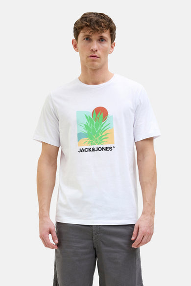 Wit T-shirt met korte mouwen van ORIGINALS BY JACK & JONES, met grafische print van een plant en een rode zon.