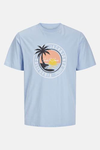 T-shirt bleu à manches courtes d'ORIGINALS par JACK & JONES, avec une impression d'un palmier et d'un coucher de soleil.
