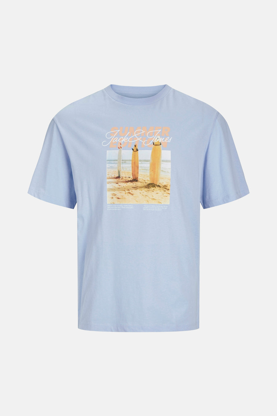 T-shirt bleu à manches courtes d'ORIGINALS BY JACK & JONES avec une impression estivale sur la poitrine.