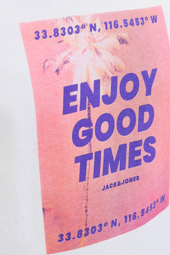 T-shirt blanc à manches courtes d'ORIGINALS BY JACK & JONES, avec un motif de palmier rose et une impression de texte bleue.