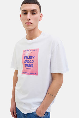 T-shirt blanc à manches courtes d'ORIGINALS BY JACK & JONES, avec impression de palmiers et de texte.