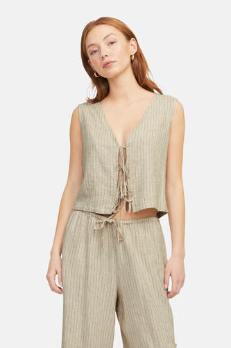 Blouse sans manches beige de JJXX, avec une fermeture à glissière à l'avant et un motif rayé.
