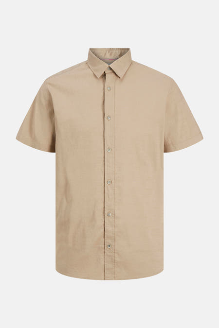 Beige overhemd met korte mouwen van PREMIUM BLUE by JACK & JONES, effen stof met knoopsluiting aan de voorkant.
