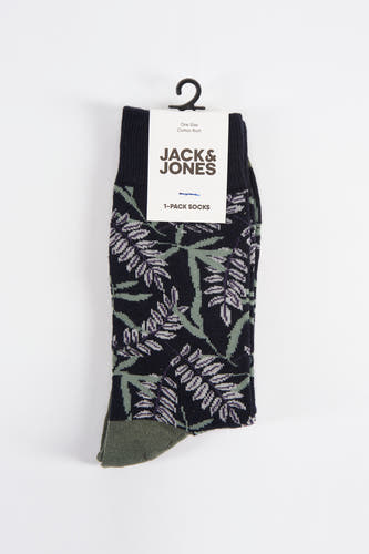 Zwarte sokken van ACCESSORIES BY JACK & JONES met een groen teenstuk en bladerenprint.
