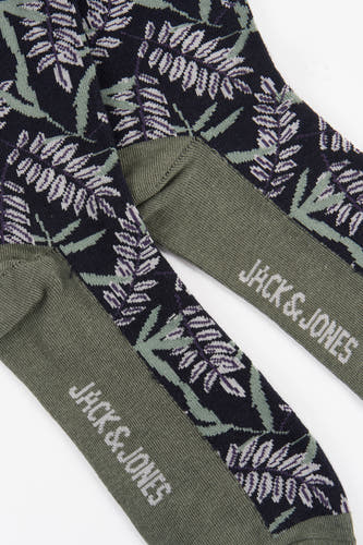 Zwarte sokken van ACCESSORIES BY JACK & JONES, met olijfgroene details en een bladmotief.
