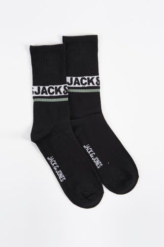 Zwarte sokken van ACCESSORIES BY JACK & JONES, met het merklogo en een contrasterende gestreepte bies.
