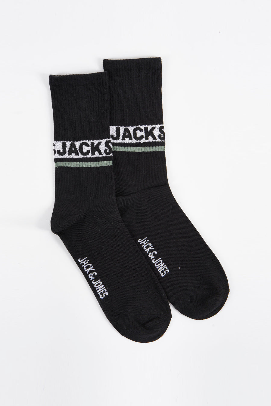Zwarte sokken van ACCESSORIES BY JACK & JONES, met het merklogo en een contrasterende gestreepte bies.
