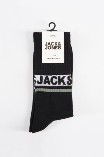 Zwarte sokken van ACCESSORIES BY JACK & JONES met witte merknaam en groene streep.