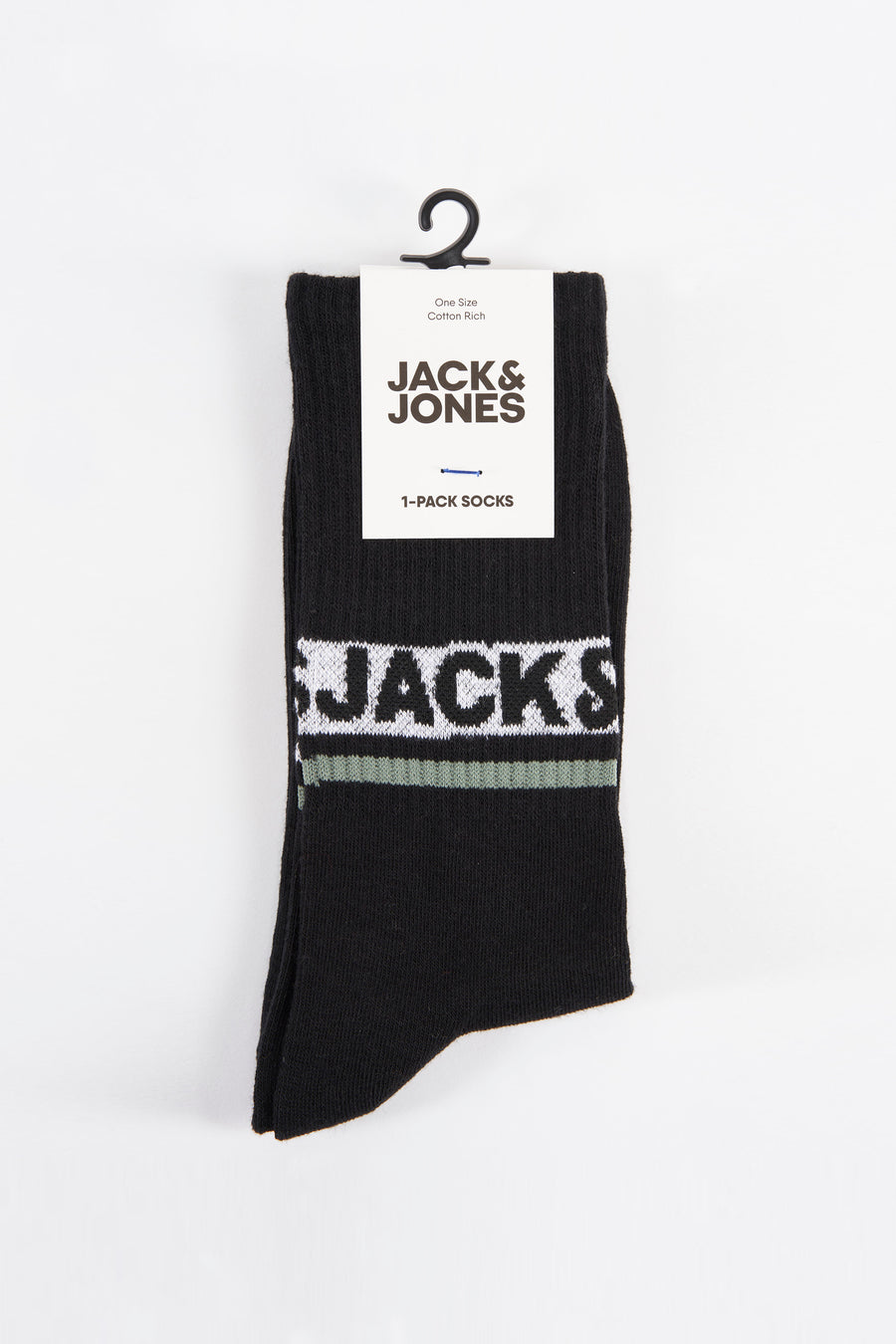 Zwarte sokken van ACCESSORIES BY JACK & JONES met witte merknaam en groene streep.