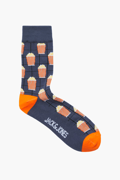 Blauwe sokken van ACCESSORIES BY JACK & JONES met oranje details en popcorn patroon.
