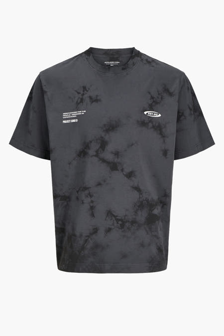 Grijs T-shirt met korte mouwen van CORE by JACK & JONES, met een opvallend batikpatroon.

