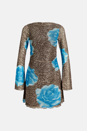 Multicolor kleedje met lange mouwen van JJXX, met een luipaardprint en blauwe bloemen.
