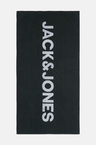 Zwart strandlaken van ACCESSORIES BY JACK & JONES met een groot logo in witte letters.