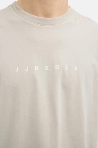 T-shirt beige à manches courtes de JJREBEL, avec un logo de marque et une impression de garantie de qualité.
