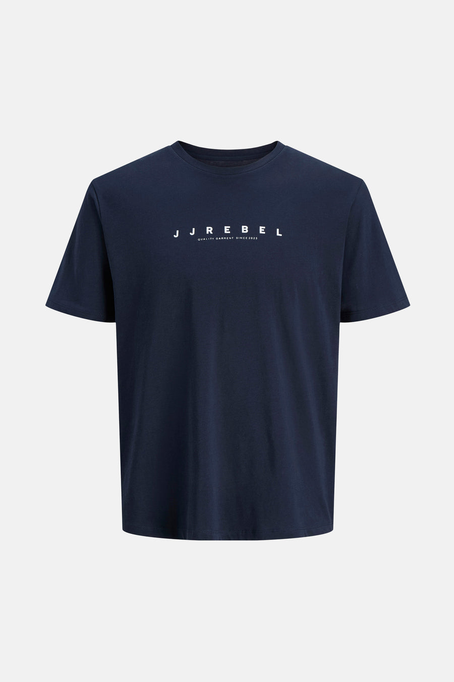 T-shirt bleu à manches courtes de JJREBEL, avec une impression de logo blanc sur la poitrine.