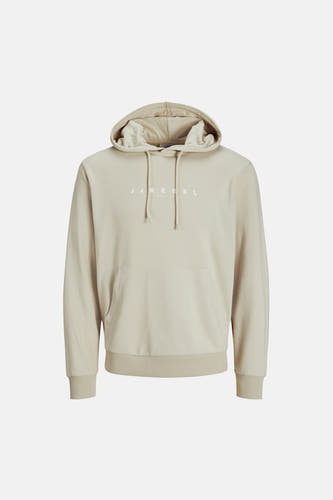 Beige sweater met capuchon van JJREBEL, met lange mouwen en een kangoeroezak aan de voorkant.