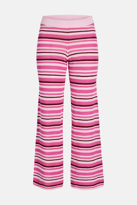 Roze broek van JJXX met gehaakte strepen in roze, wit en bordeauxrood, en uitlopende pijpen.