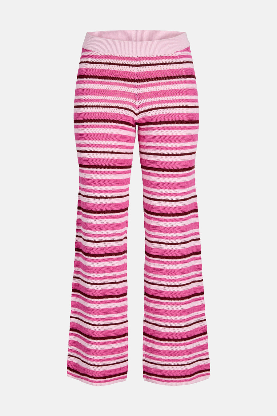 Roze broek van JJXX met gehaakte strepen in roze, wit en bordeauxrood, en uitlopende pijpen.