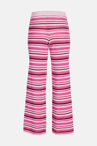 Roze gebreide gestreepte broek van JJXX met uitlopende pijpen en bordeauxrode strepen.