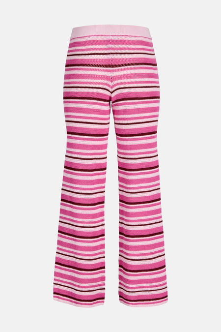 Roze gebreide gestreepte broek van JJXX met uitlopende pijpen en bordeauxrode strepen.