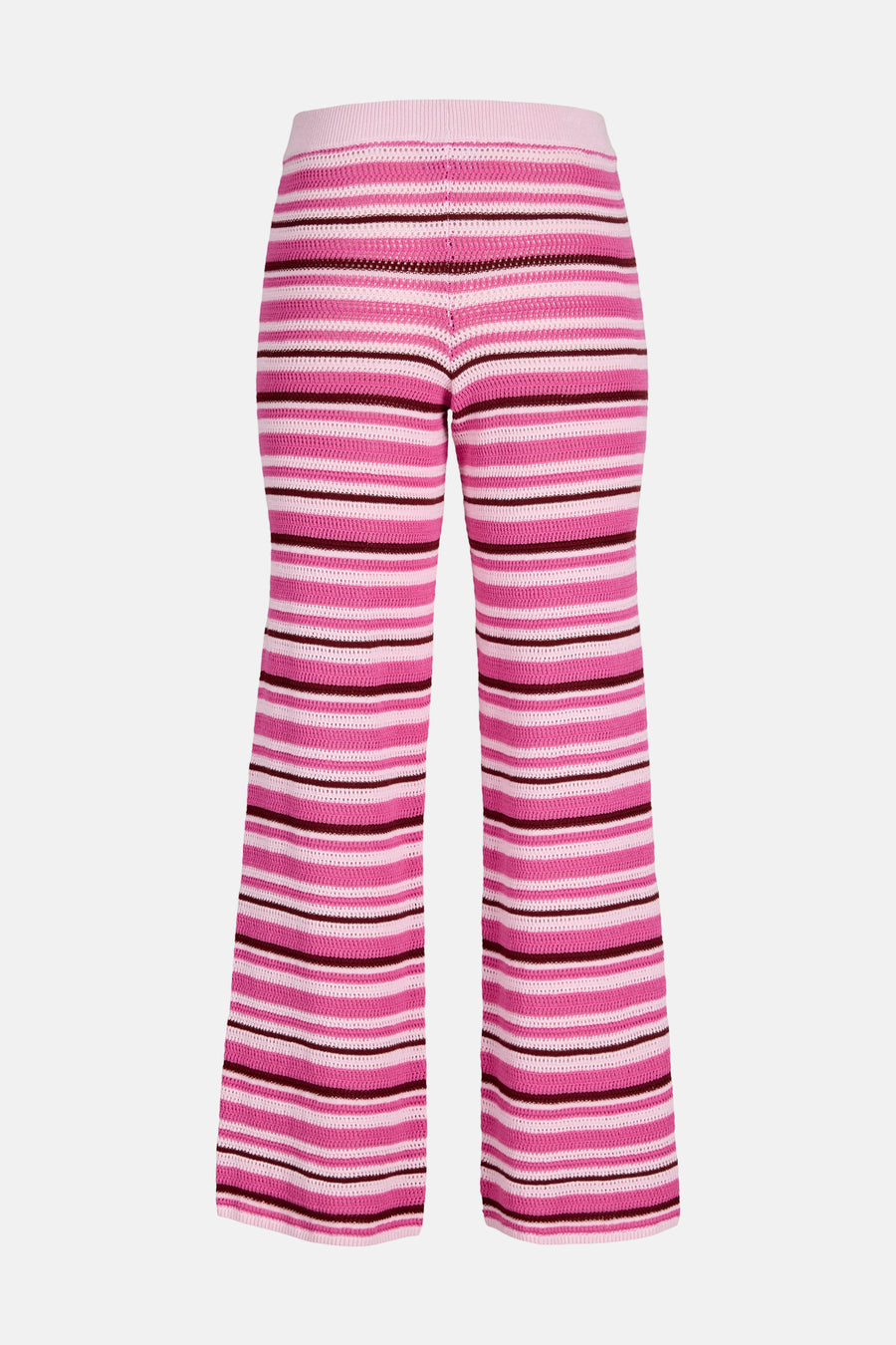 Roze gebreide gestreepte broek van JJXX met uitlopende pijpen en bordeauxrode strepen.