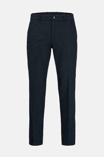 Blauwe chino van JACK & JONES JEANS INTELLIGENCE, met een subtiel visgraatmotief en omgeslagen broekspijpen.
