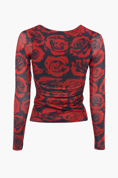 T-shirt rouge à manches longues de JJXX, avec un motif de roses sur toute la matière.