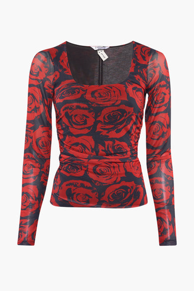 T-shirt rouge à manches longues de JJXX, avec un motif de roses et des plis sur les côtés.