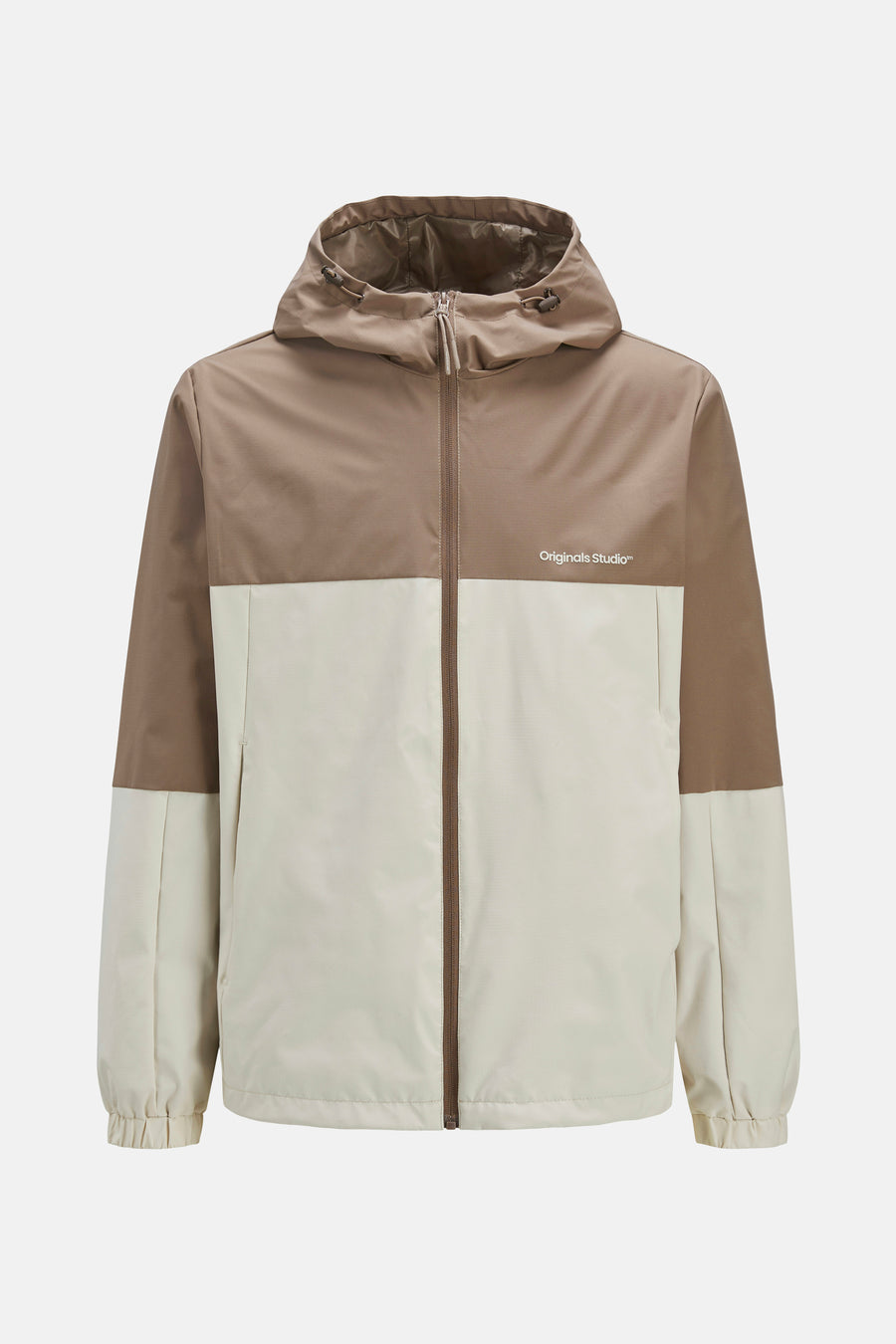 Bruine korte jas van ORIGINALS BY JACK & JONES, met een capuchon en een ritssluiting.