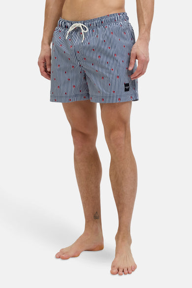Short de natation bleu de JACK & JONES avec des rayures verticales et des poulpes rouges.