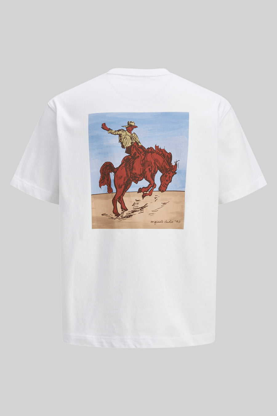 Wit T-shirt met korte mouwen van ORIGINALS BY JACK & JONES, met een opdruk van een cowboy op een paard.