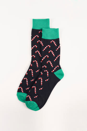 Zwarte sokken van ACCESSORIES BY JACK & JONES, met een kerststokjespatroon en groene details.