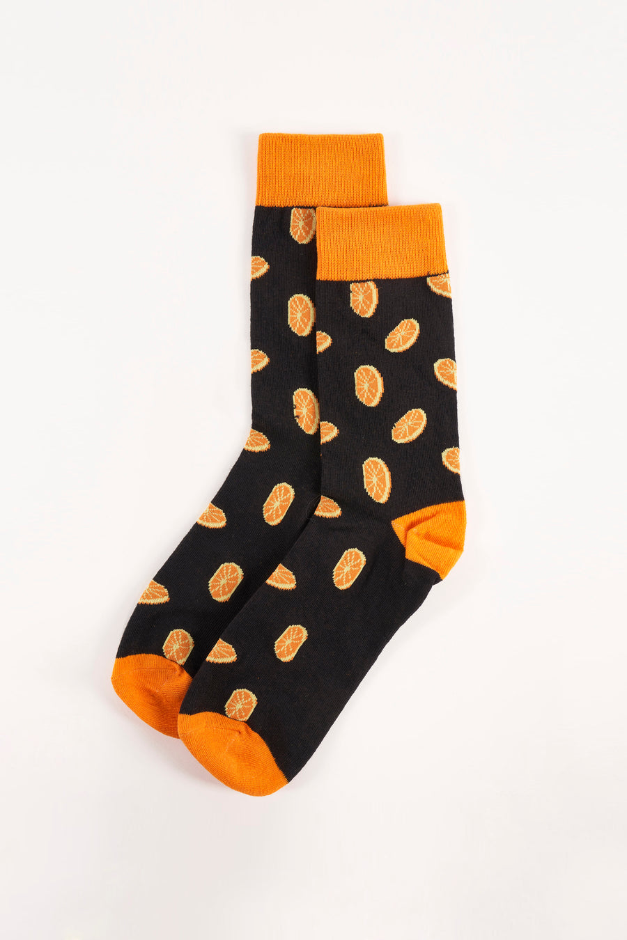 Zwarte sokken van ACCESSORIES BY JACK & JONES, met sinaasappelmotief en oranje boord en teen.
