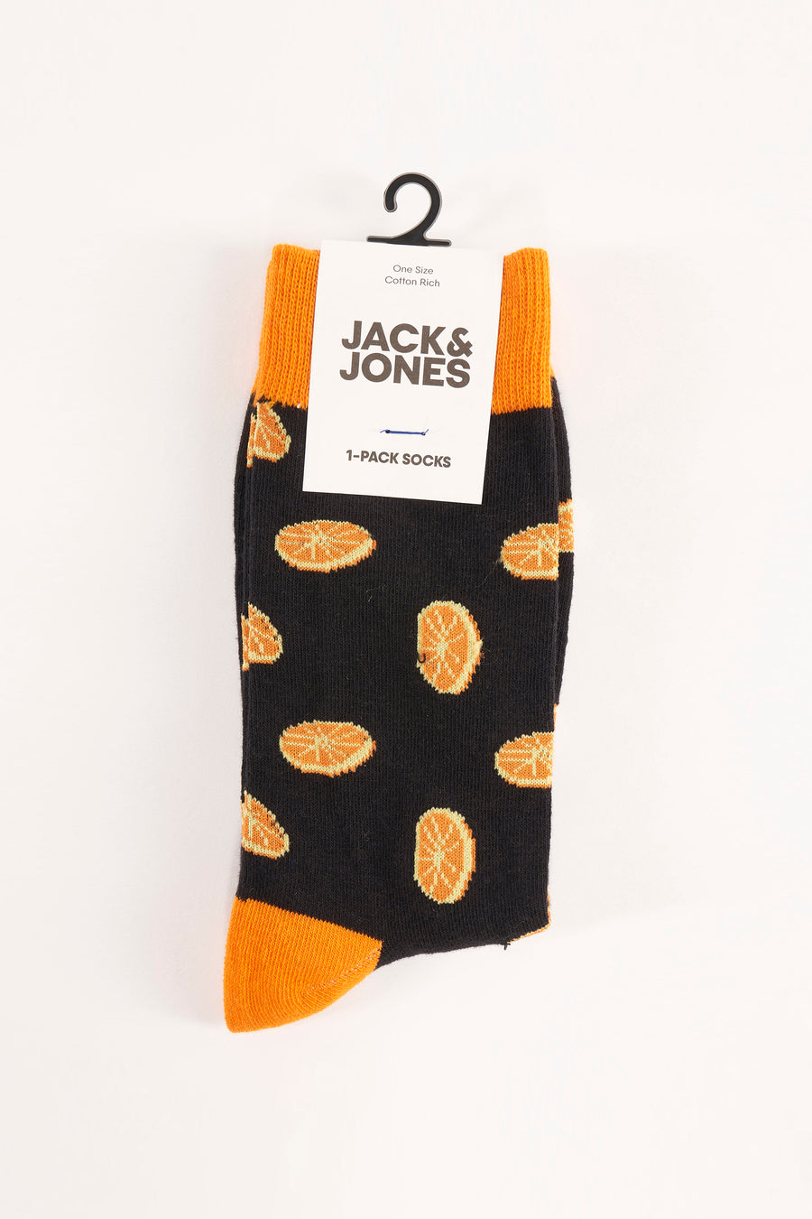 Chaussettes noires d'ACCESSORIES BY JACK & JONES avec un motif de citron vert joyeux et des accents orange.