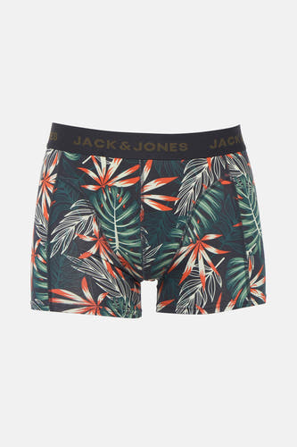 Groene boxershort van ACCESSORIES BY JACK & JONES, met tropische bladerenprint in oranje en wit.