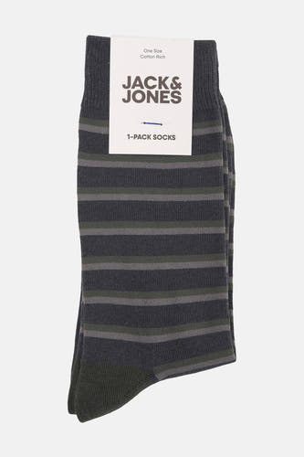 Gestreepte grijze sokken van ACCESSORIES BY JACK & JONES, met horizontale donkergrijze en olijfgroene strepen.