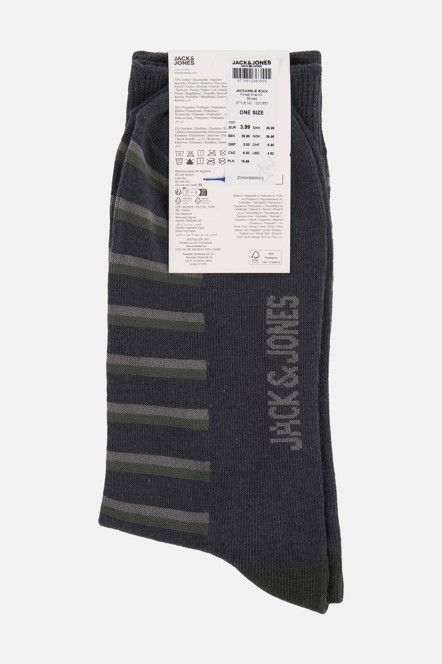 Grijze sokken van ACCESSORIES BY JACK & JONES, met groene en grijze strepen en merklogo.