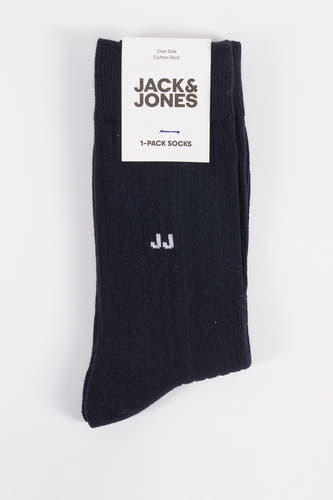 Blauwe sokken van ACCESSORIES BY JACK & JONES, met een gebreide textuur en witte initialen op de enkel.