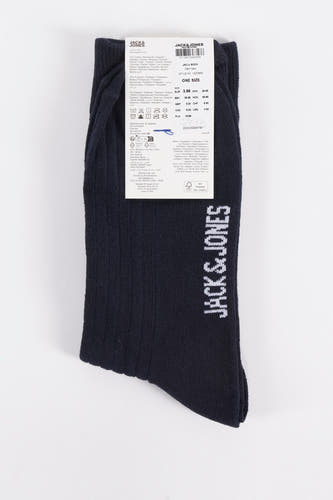 Donkerblauwe sokken van ACCESSORIES BY JACK & JONES, met witte merknaam op de schacht.
