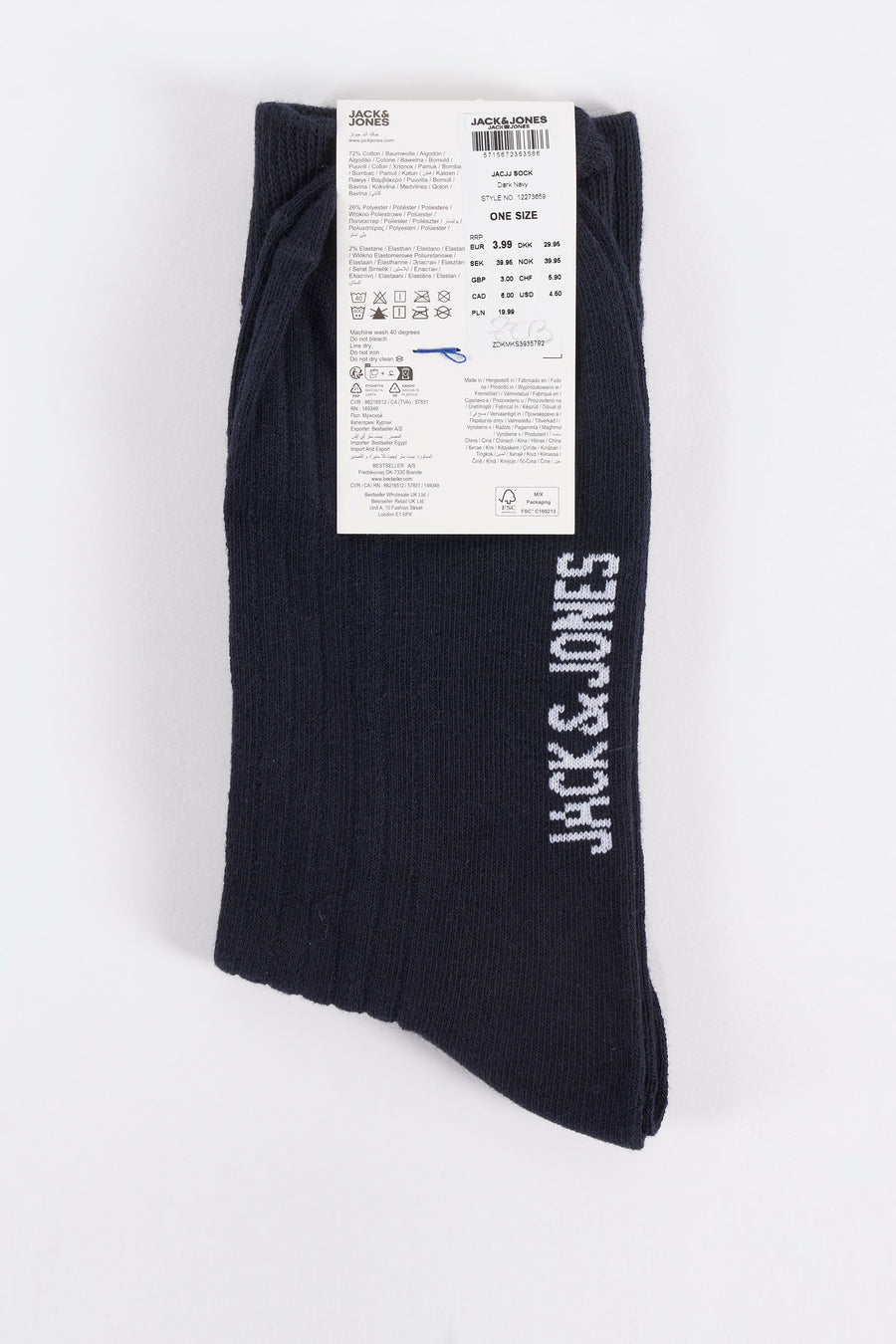 Donkerblauwe sokken van ACCESSORIES BY JACK & JONES, met witte merknaam op de schacht.
